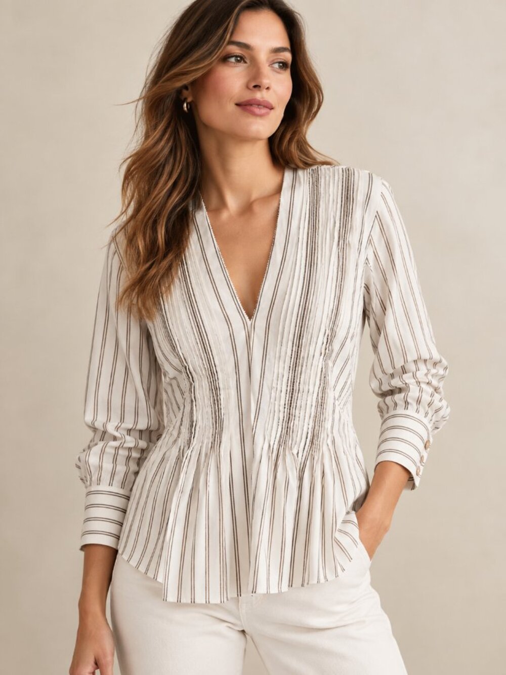 Rag & Bone Asher Striped Cotton Pintuck V Neck Blouse Off White Tan S